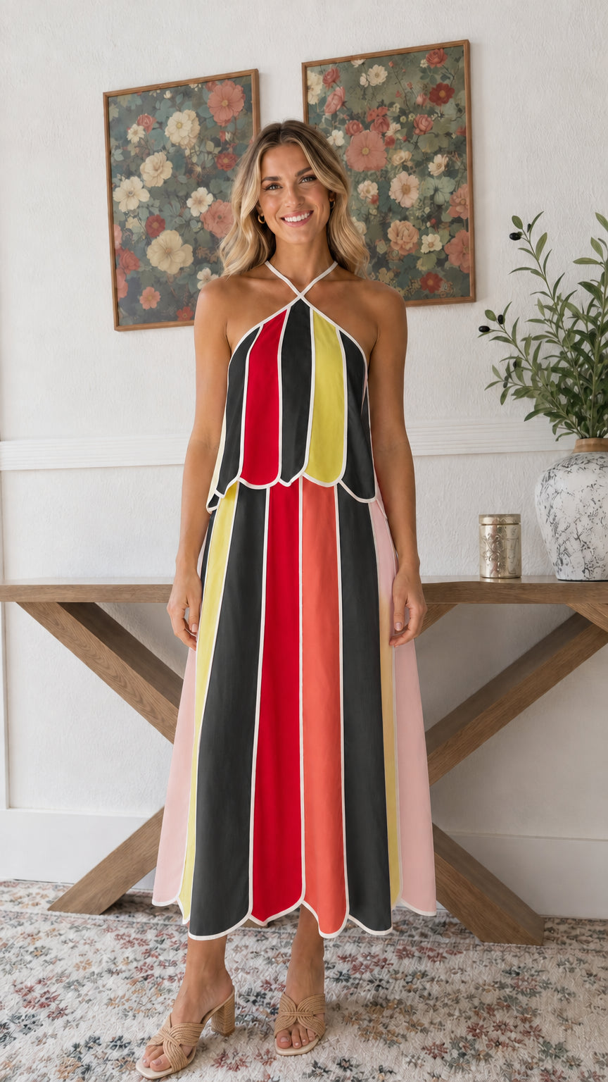 Front view of Black Multi colorblock striped halter scalloped dress