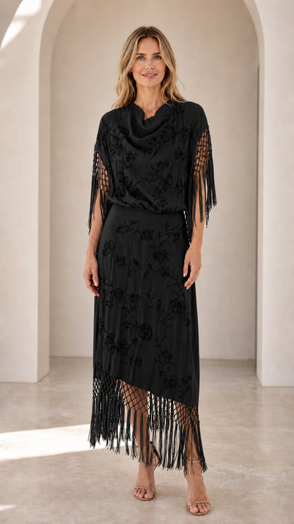 Black floral embroidered cowl neck maxi dress with fringe hem