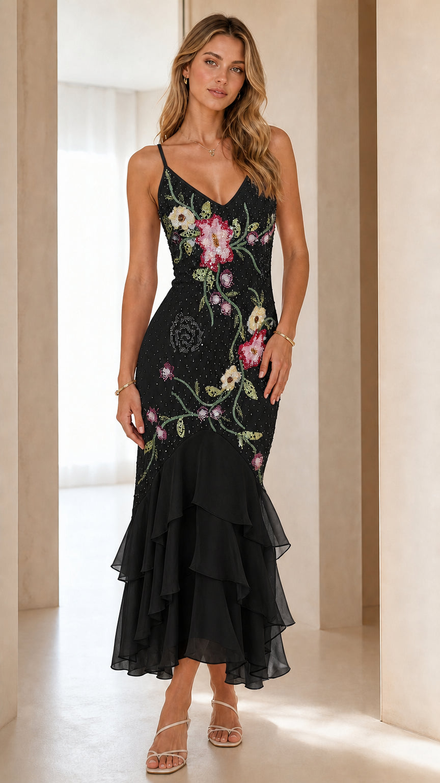 Black floral embroidered beaded V-neck midi dress with tiered ruffle hem