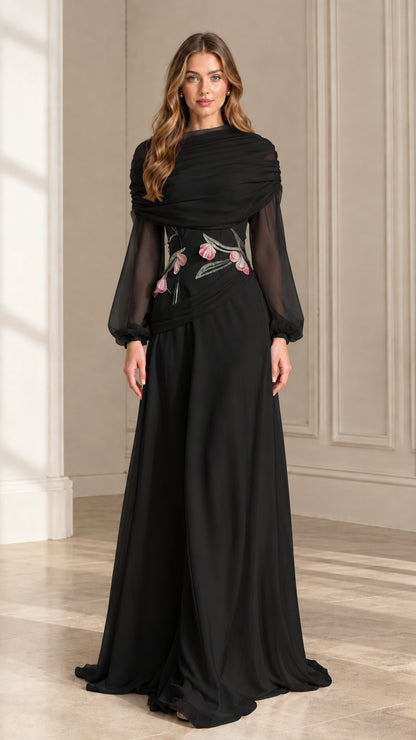 Front view of black draped high neck formal evening maxi dress with floral accents