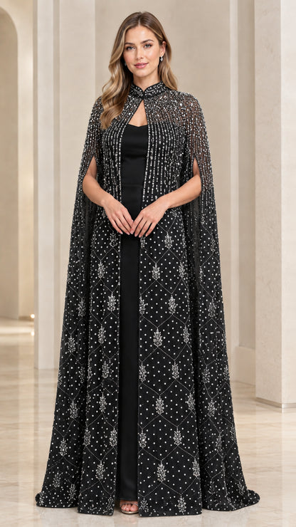 Black floor-length evening gown with beaded cape overlay