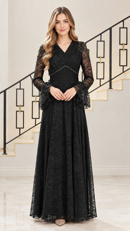 Front view of black beaded lace maxi evening dress with bell sleeves