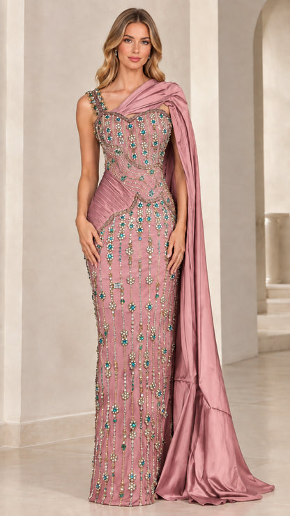 Dusty rose beaded formal gown with draped one-shoulder satin cape