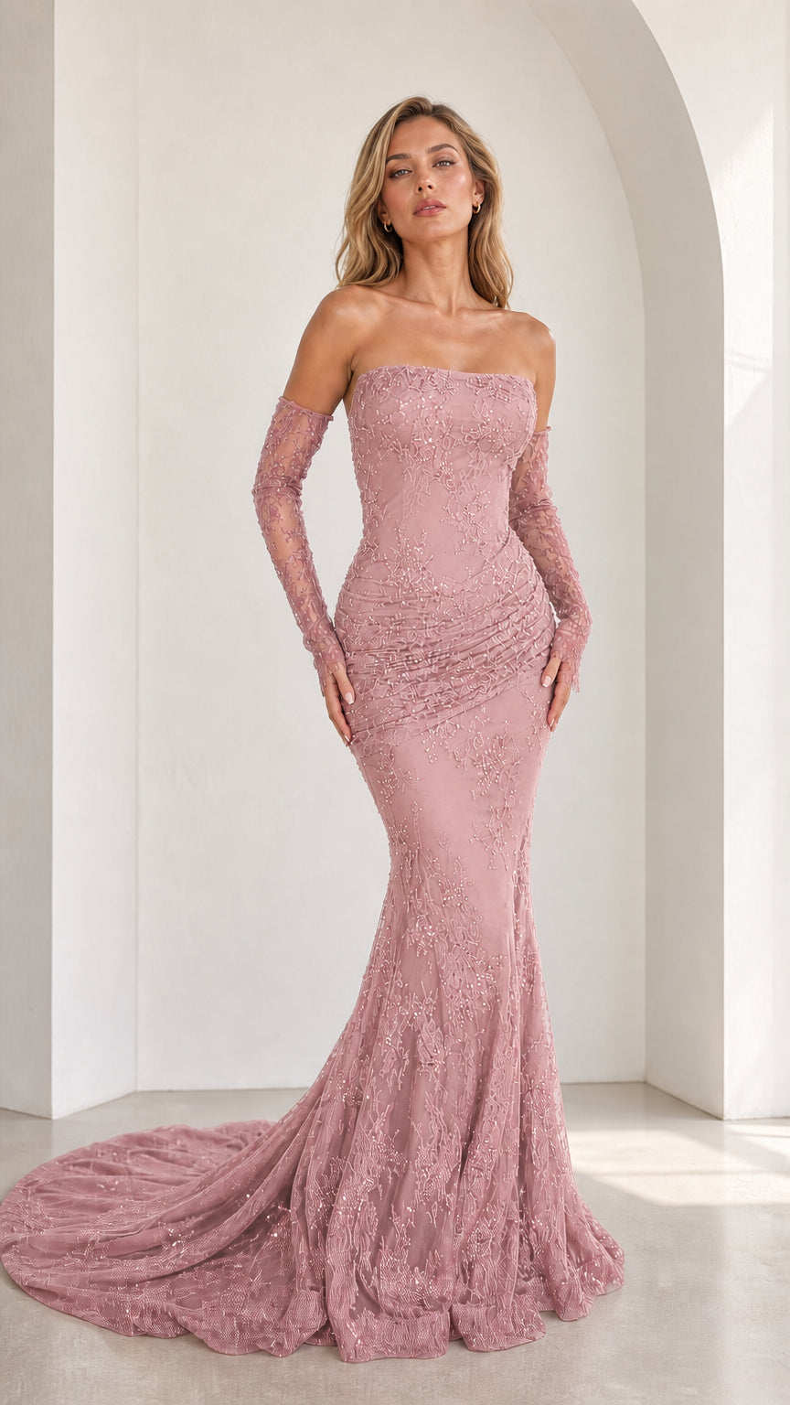 Dusty pink strapless beaded lace mermaid evening gown