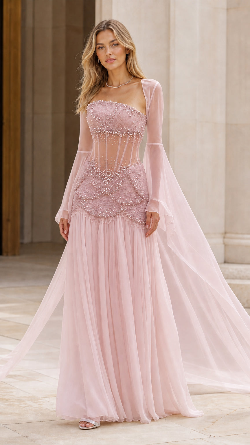 Blush Pink pearl-embellished sheer corset evening gown with cape sleeves