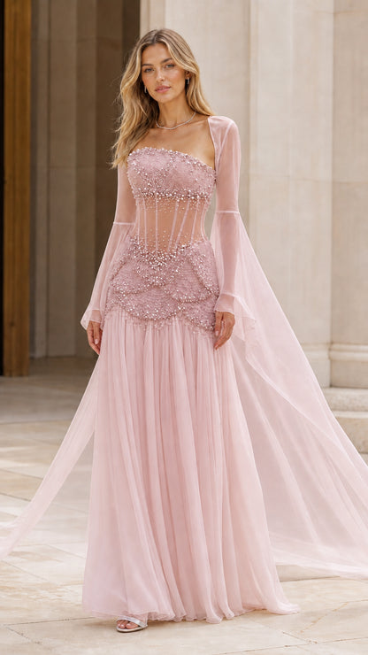 Blush Pink pearl-embellished sheer corset evening gown with cape sleeves