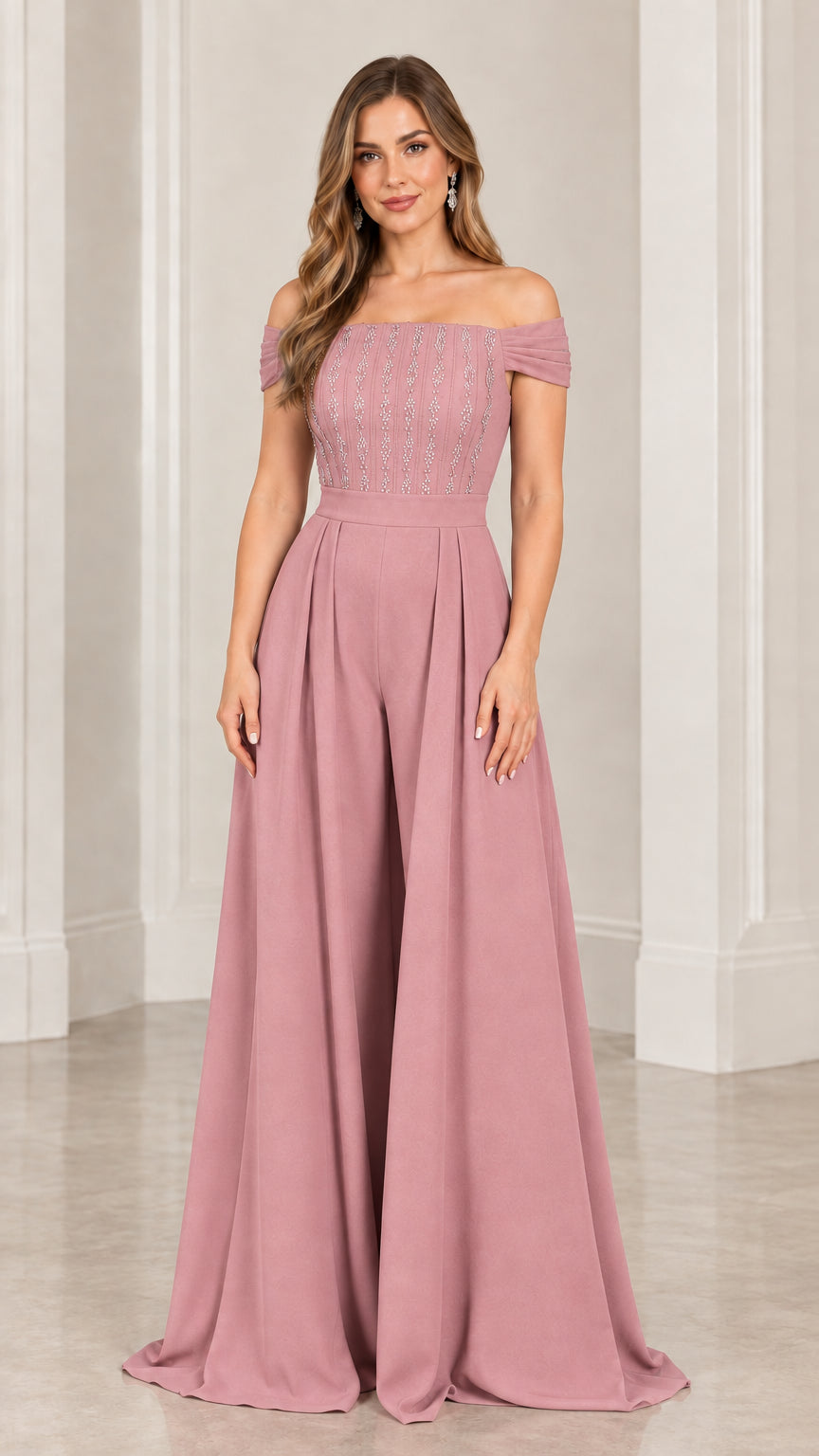 Mauve pink off-the-shoulder embellished wide-leg formal jumpsuit