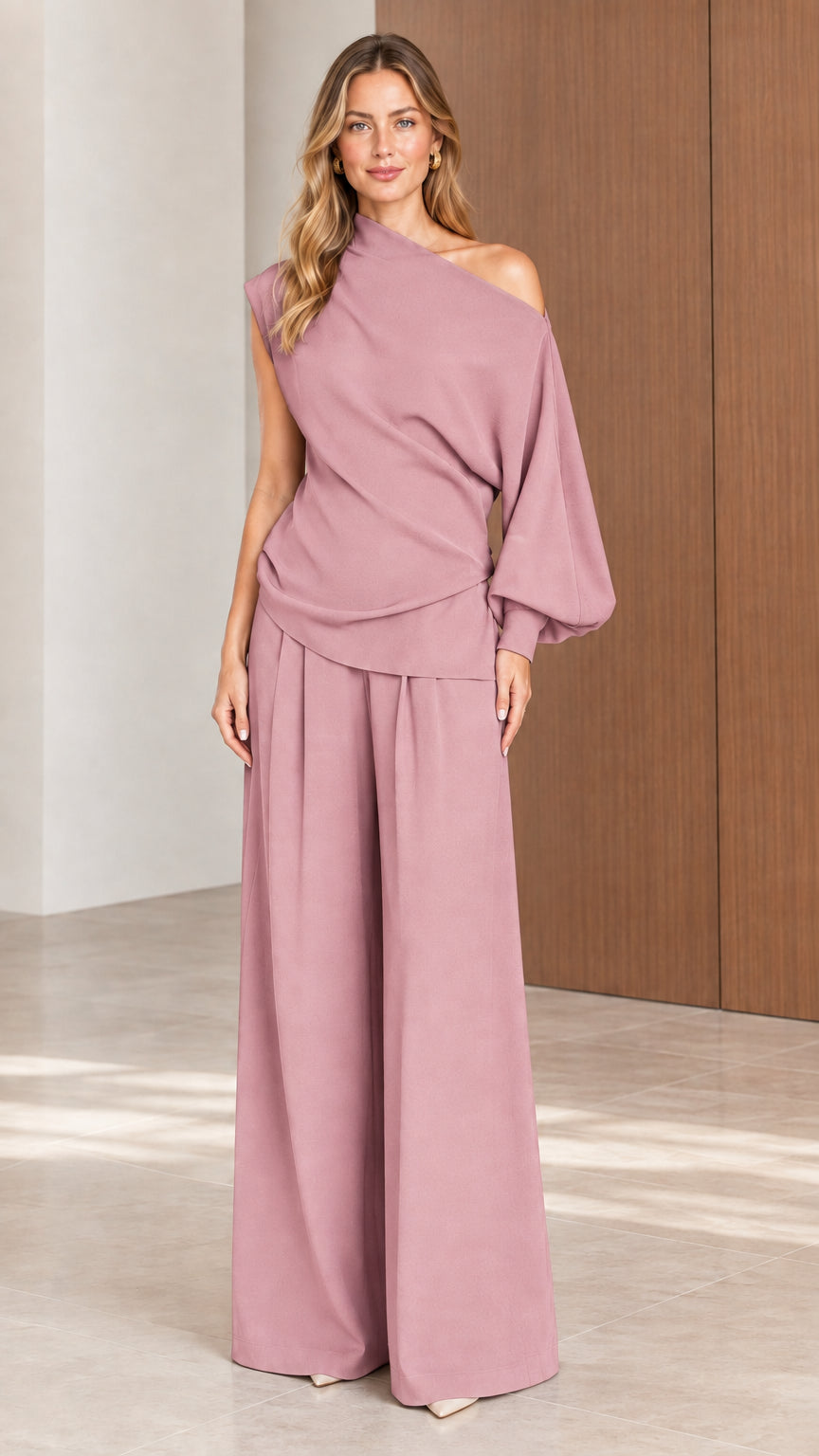 Front view of model wearing Dusty Rose one-shoulder draped top and wide-leg pants set