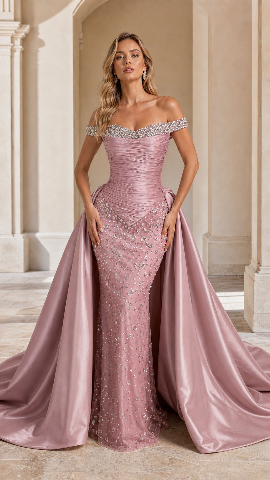 Model wearing Dusty Rose off-the-shoulder crystal-embellished evening gown with overskirt