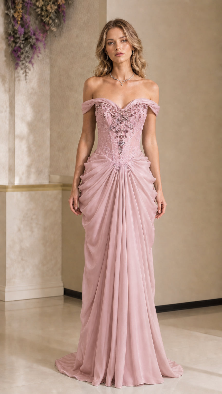 Dusty pink off-the-shoulder embellished chiffon gown for prom or bridesmaid