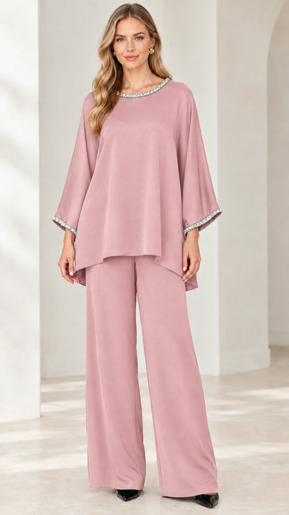 Dusty Pink embellished tunic top and wide-leg trousers two-piece set