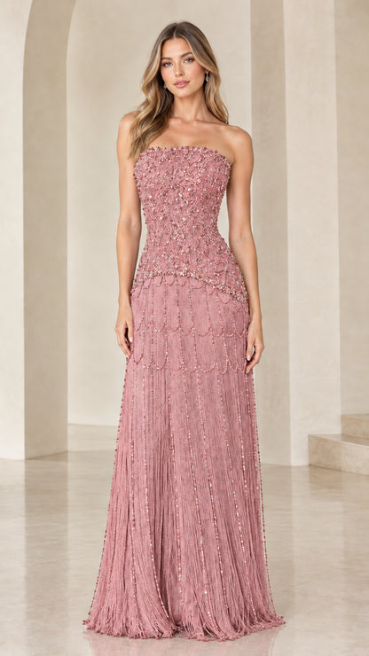 Strapless dusty pink beaded bodice evening gown with fringe details