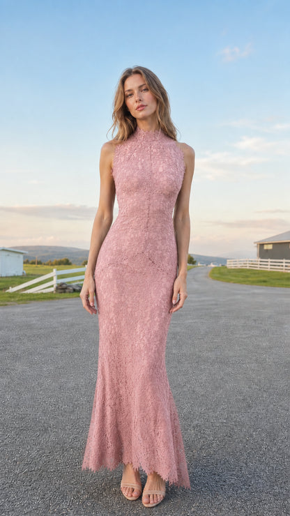 Model wearing dusty pink sleeveless floral lace maxi dress