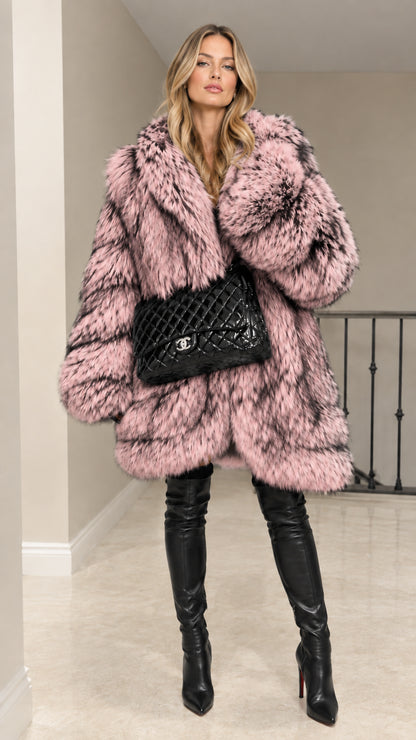 Model wearing Dusty Pink hooded plush faux fur winter jacket