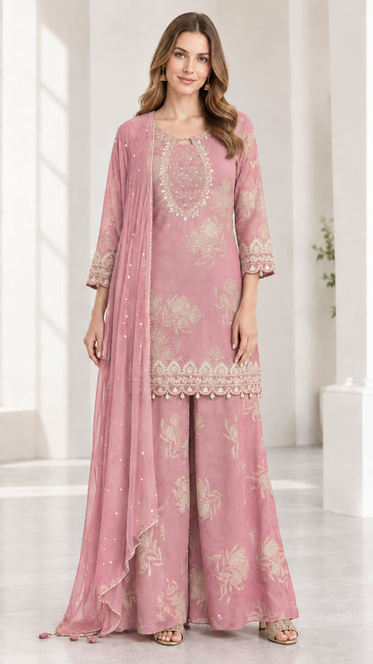 Woman wearing dusty pink embroidered 3-piece kurta sharara suit set