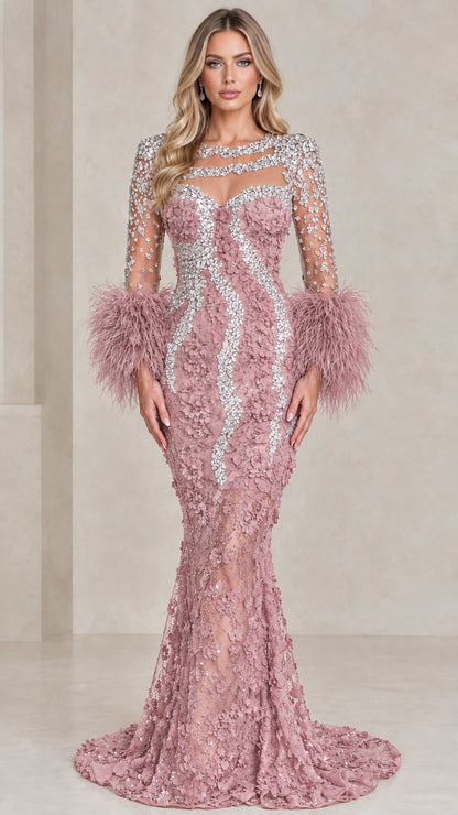 Dusty rose rhinestone long sleeve mermaid formal gown with feather trim
