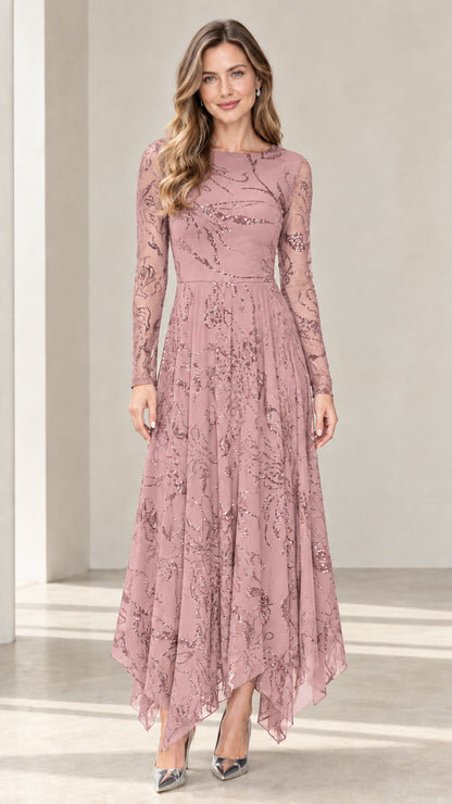 Front view of dusty rose sequin embroidered long sleeve formal midi dress
