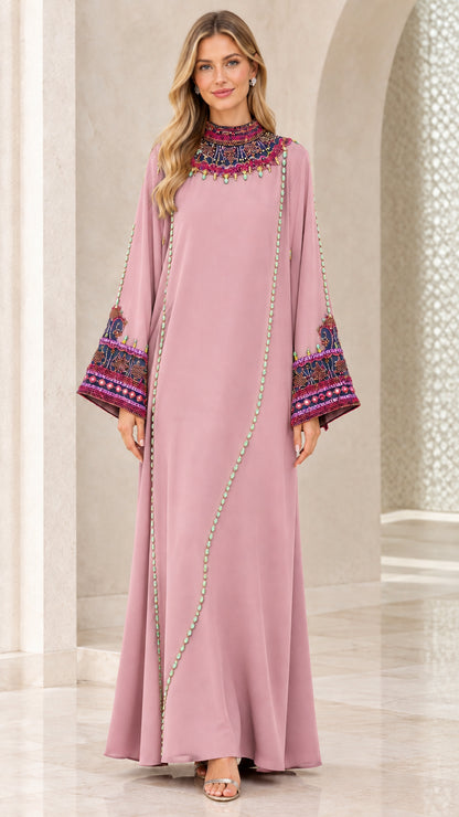 Dusty pink long sleeve beaded collar modest evening maxi dress