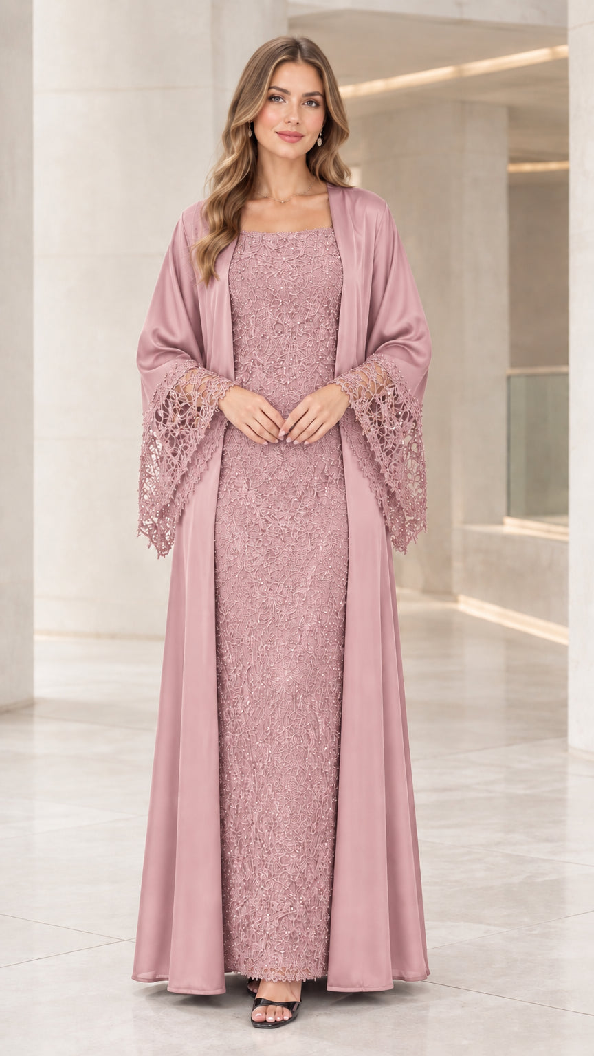 Dusty pink 2-piece lace evening gown with matching silky satin duster robe