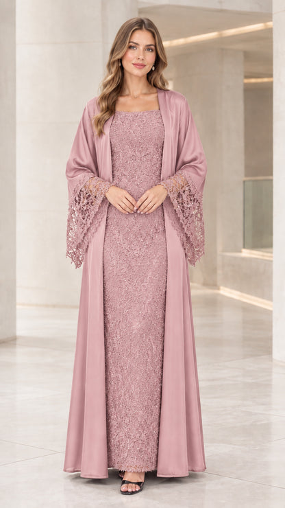 Dusty pink 2-piece lace evening gown with matching silky satin duster robe