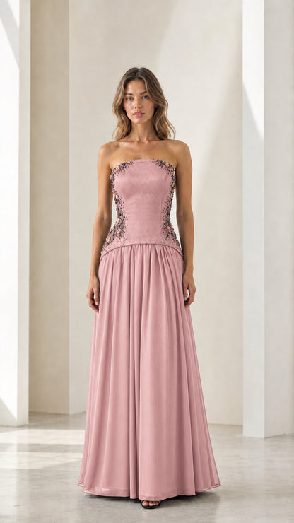 Front full view of dusty pink strapless pleated evening gown