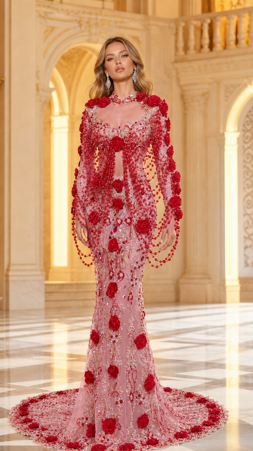 Model wearing Blush Pink beaded mermaid gown with red 3D floral appliqués and draped train