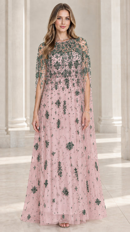 Blush pink sequin embroidered formal gown with cape sleeves
