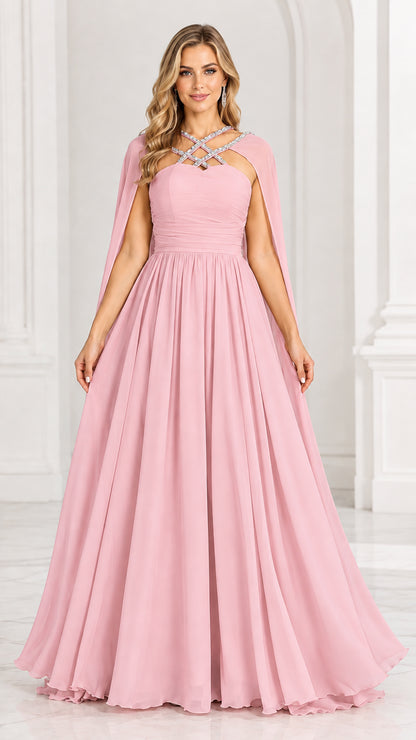 Pink A-line chiffon formal gown with embellished crisscross neckline and cape overlay