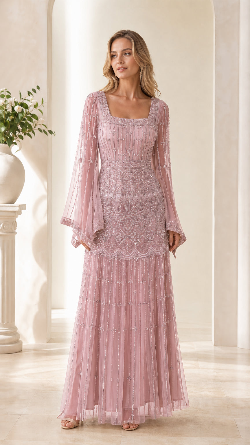 Front view of dusty pink embellished evening maxi dress