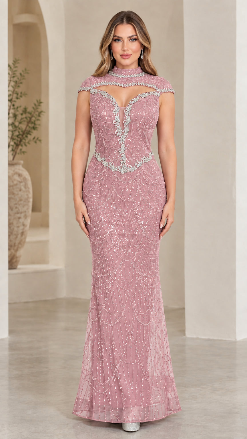 Dusty pink embellished high-neck mermaid maxi gown on model