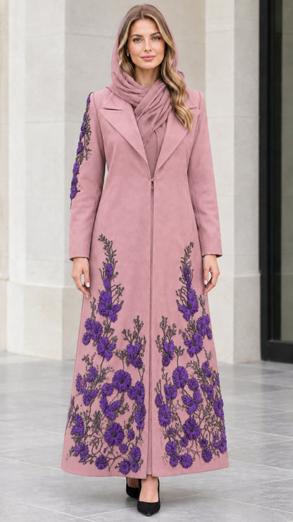 Dusty Rose maxi coat with purple floral beadwork and matching scarf
