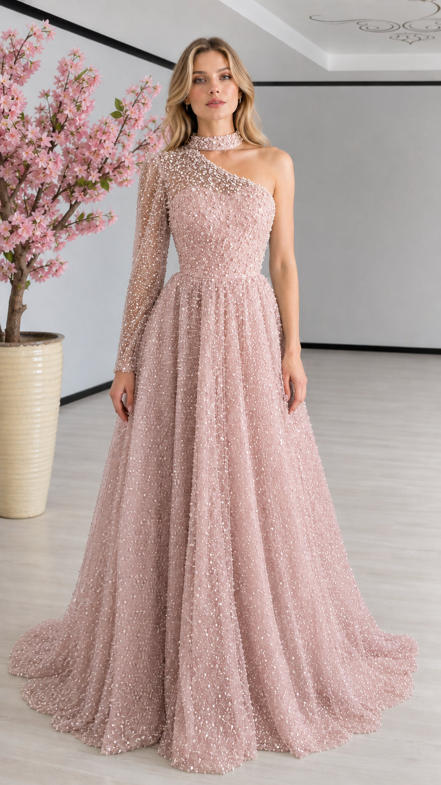 Dusty pink one-shoulder beaded floor-length formal gown