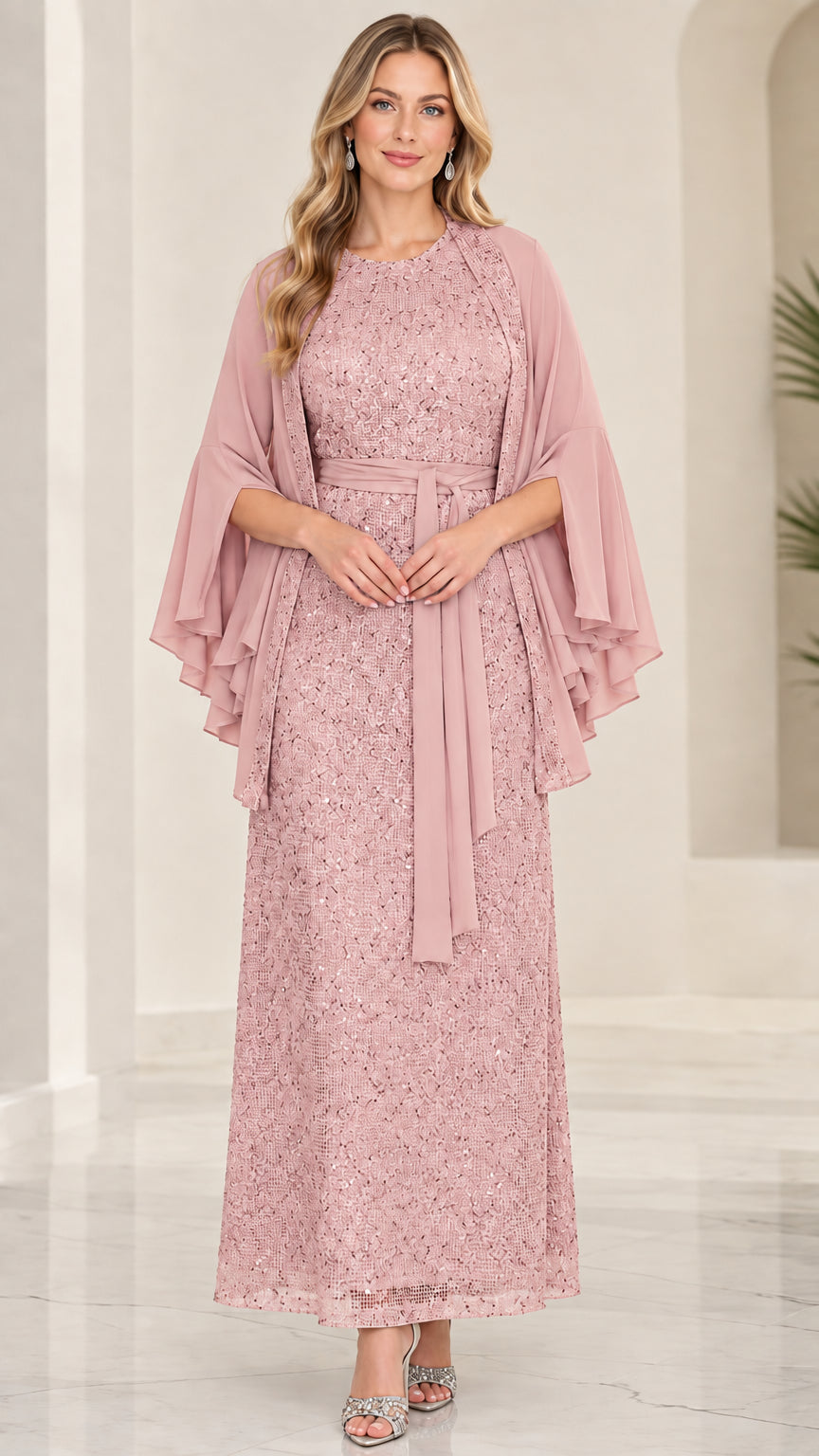 Dusty rose sequin lace evening gown with tiered sleeve chiffon jacket