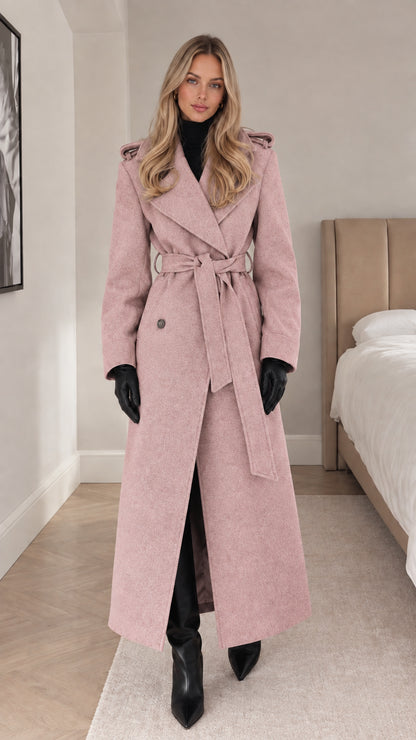 Full-length blush pink belted maxi trench coat on model