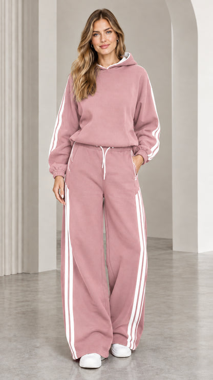 Dusty pink two-piece hoodie and wide leg sweatpants tracksuit set with white side stripes
