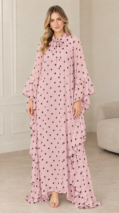 Full front view of dusty pink polka dot ruffle kaftan maxi dress
