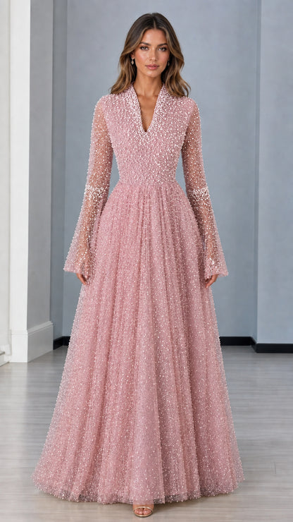Front view of blush pink pearl-embellished A-line formal maxi dress