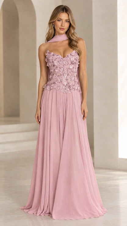 Model wearing Mauve Pink 3D floral lace A-line chiffon formal dress