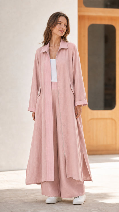 Full length view of dusty pink duster and palazzo pants matching set