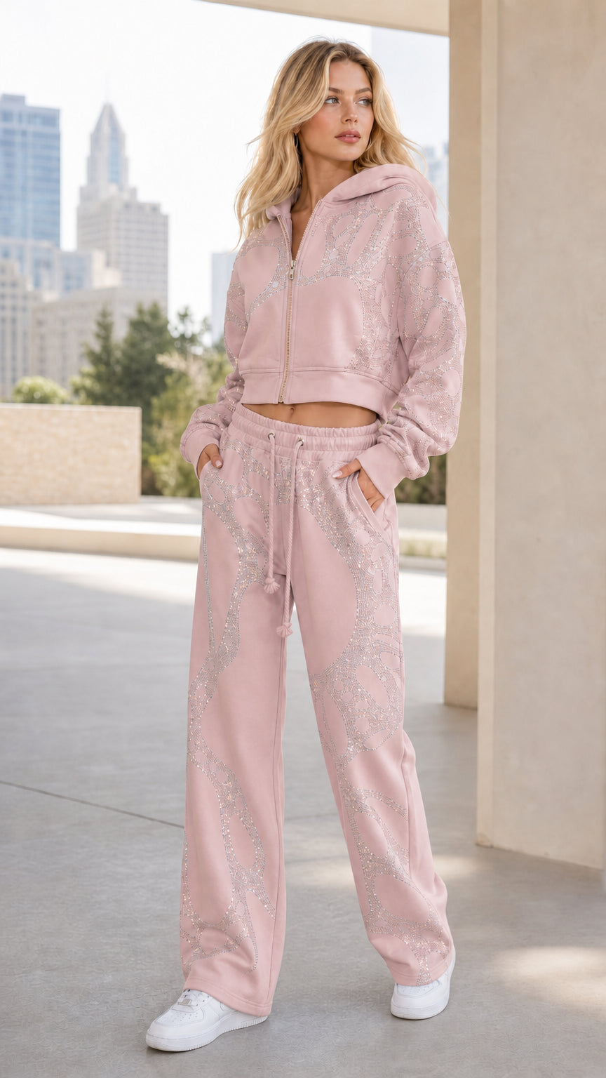 Front view of woman wearing Dusty Pink rhinestone cropped hoodie and wide-leg sweatpants set