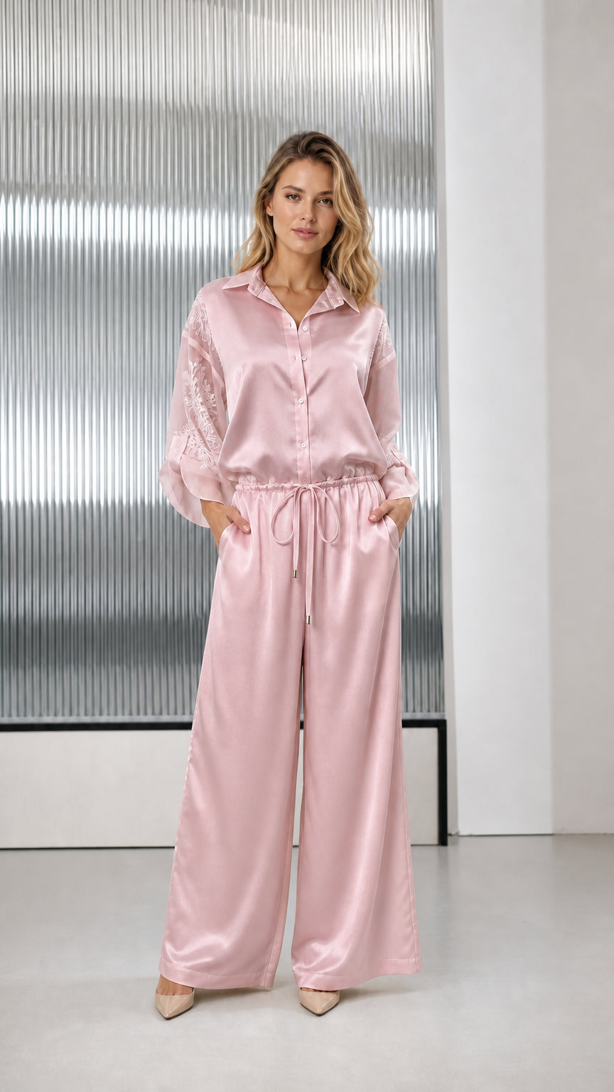 Blush pink satin wide-leg jumpsuit with delicate sheer sleeve embroidery