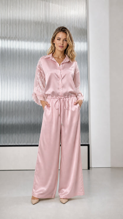 Blush pink satin wide-leg jumpsuit with delicate sheer sleeve embroidery