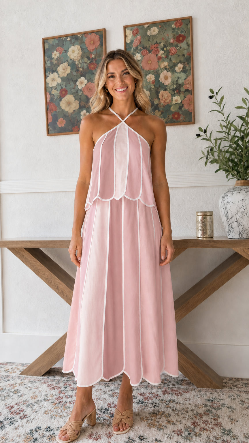 Front view of solid Blush Pink halter scalloped midi dress with white trim