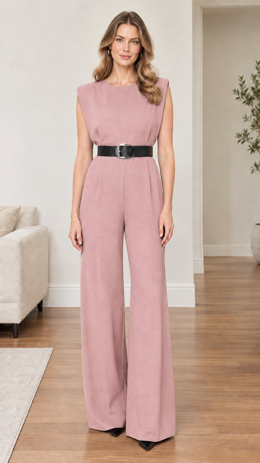 Model wearing dusty pink sleeveless wide-leg jumpsuit with black belt