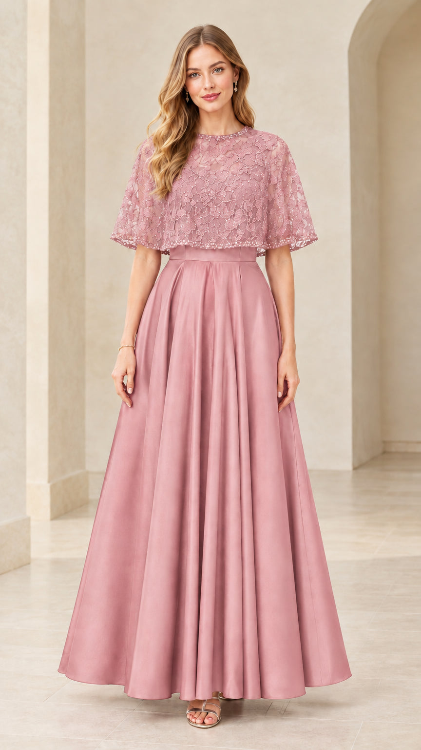 Dusty Pink embroidered lace capelet formal gown with satin skirt