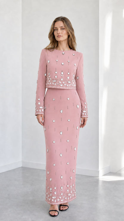Dusty pink long sleeve rhinestone embellished top and maxi skirt two-piece formal set