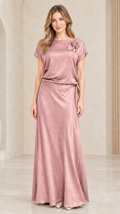 Full-length view of woman wearing Dusty Rose pink satin evening maxi dress