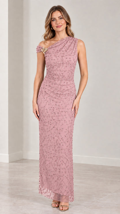 Full-length view of dusty rose one-shoulder ruched evening gown