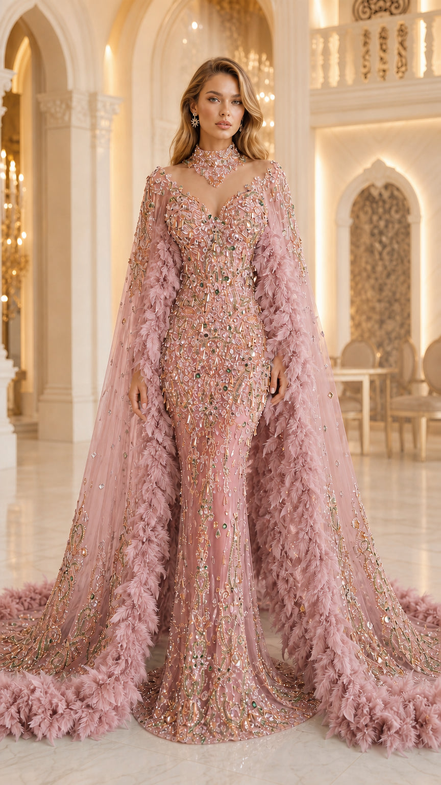 Blush pink monochromatic beaded mermaid gown with feathered cape trim
