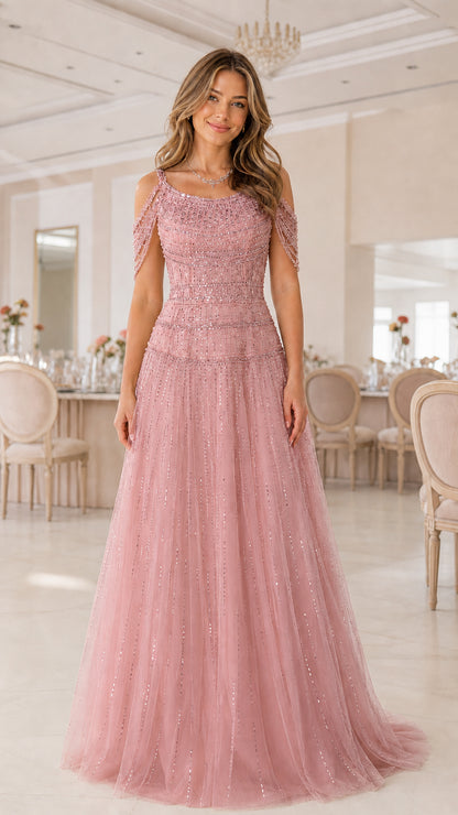 Full-length front view of model in dusty rose beaded tulle formal gown